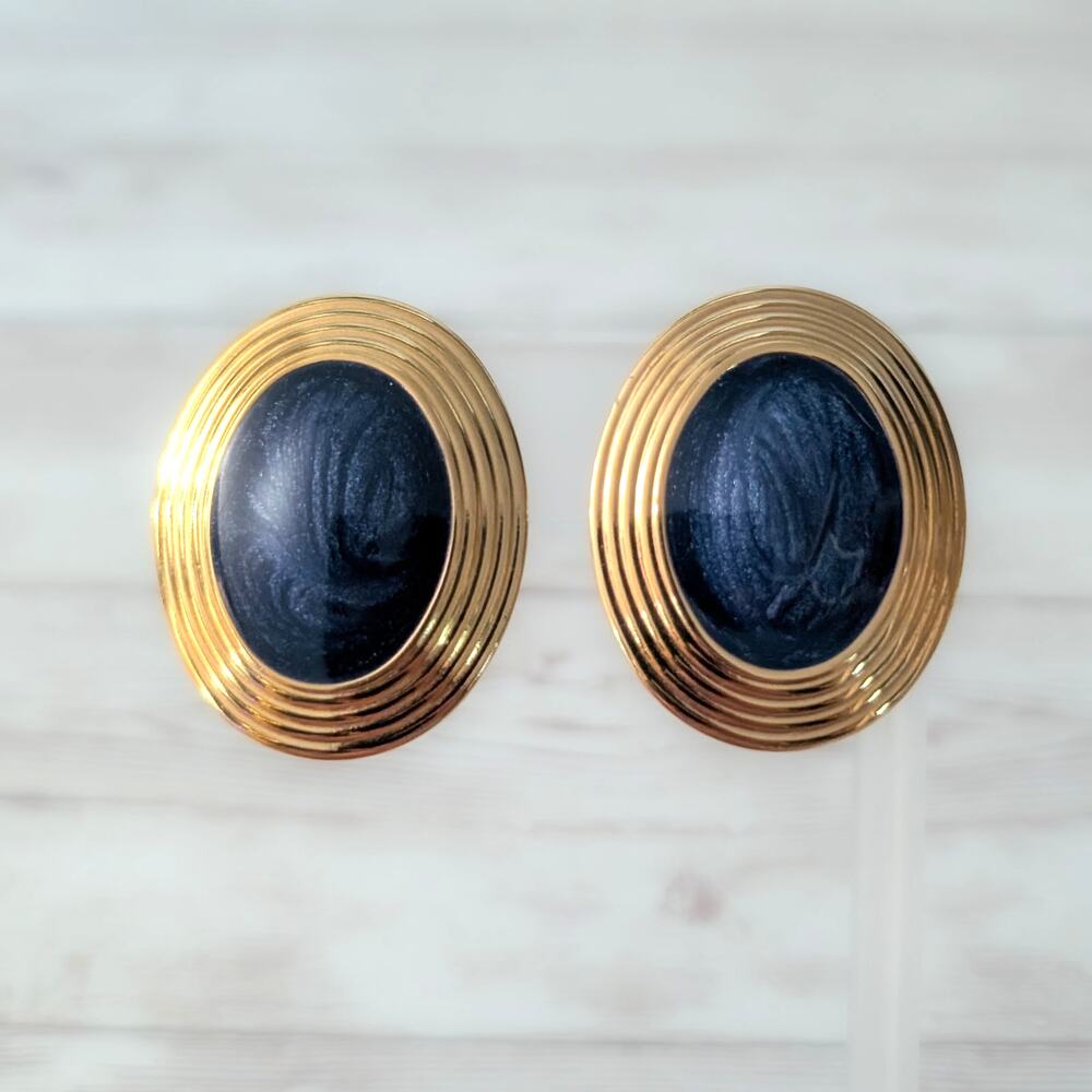 Vintage Clip On Earrings Very Large Dark Blue & Gold Tone Statement Oval 1.5"